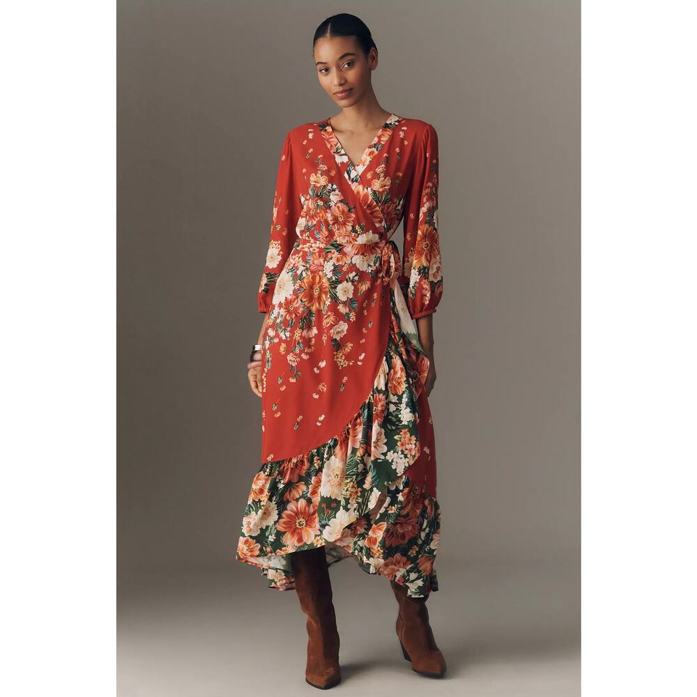 nwt ANTHROPOLOGIE FARM RIO sz M Long-Sleeve Floral Wrap Dress